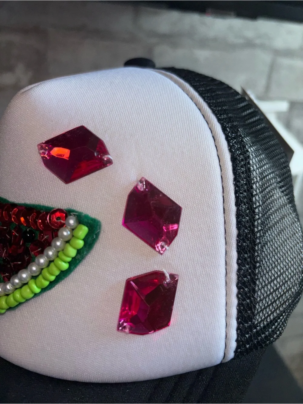 Black & White Trucker Hat w/Handmade, Pink Bead & Green Sequin Watermelon Accent